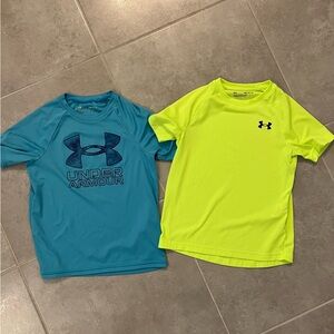 Under Armour Kids' Neon Green and Blue T-Shirts. Boys size small.